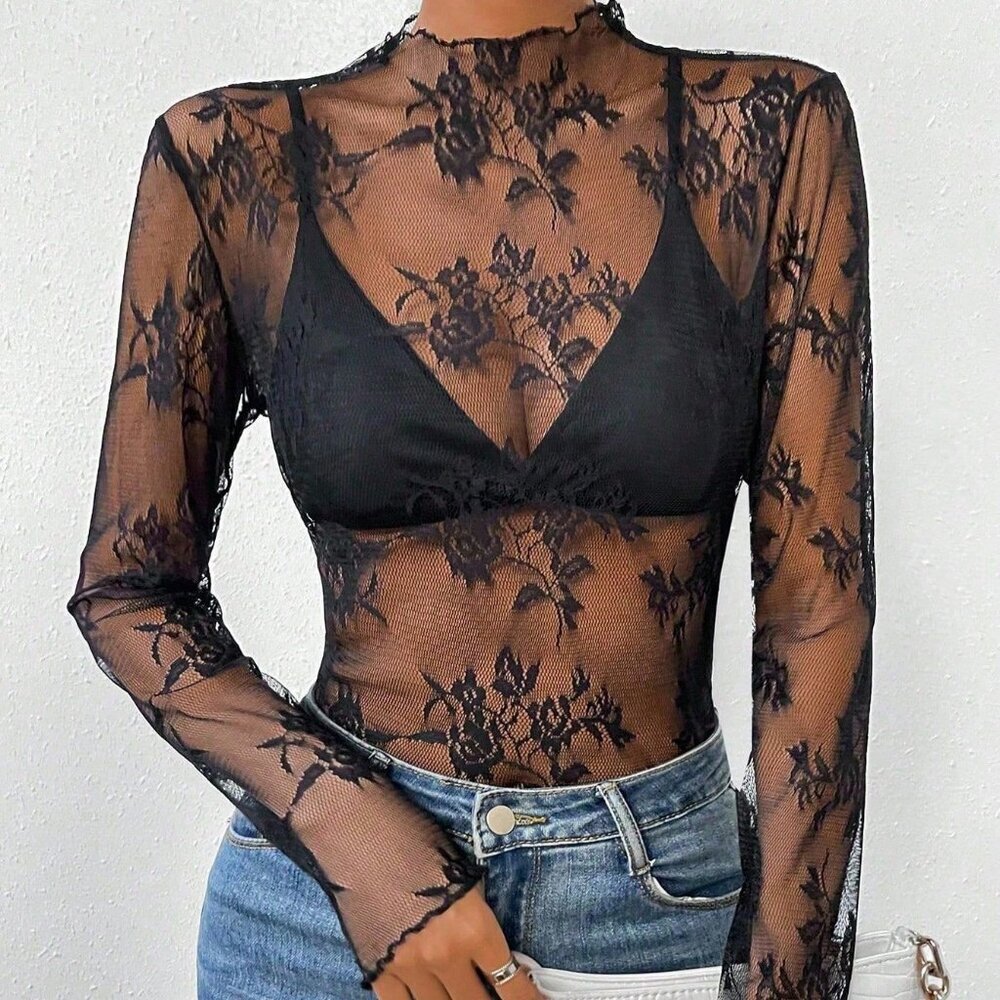 Black Sexy Women's Floral Lace Collar Long Sleeve Sheer Blouse